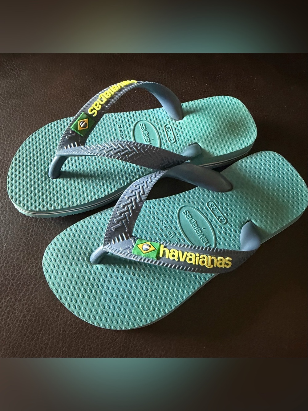 Havaianas Teal Sandals with Navy Straps and Yellow Logo